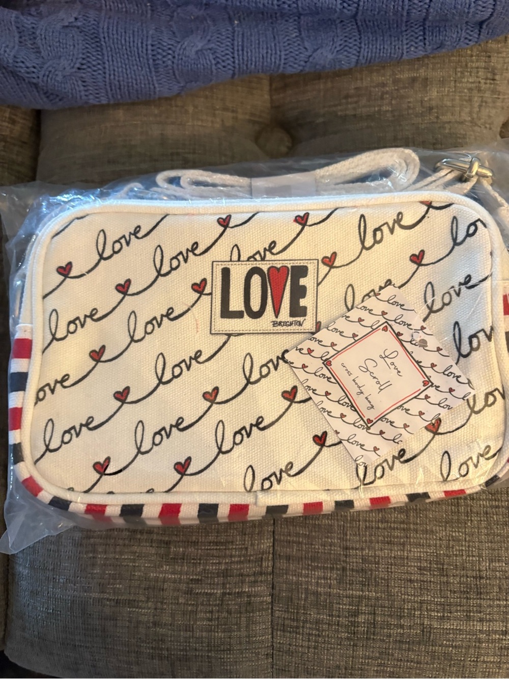 Brighton LOVE Script Crossbody Bag in Cream with Red and Black Accents